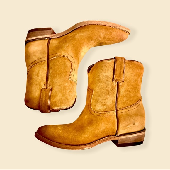 Frye Billy Short Camel Suede Leather South Western Pull On Cowboy Ankle Boots - Picture 16 of 16